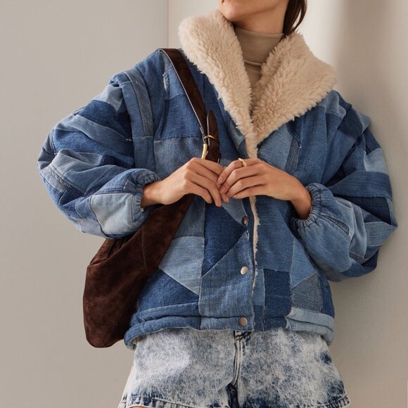 NWT Sea Newyork Diego Patchwork Denim Faux Shearling Coat Size XS - Picture 9 of 13